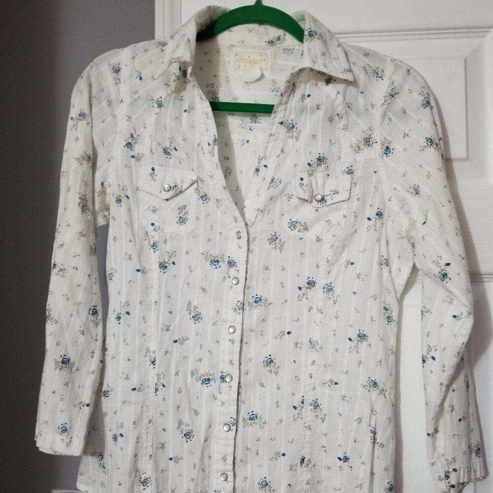 Passport Cowgirl Pearl Button Down Blouse with Little Blue Flowers